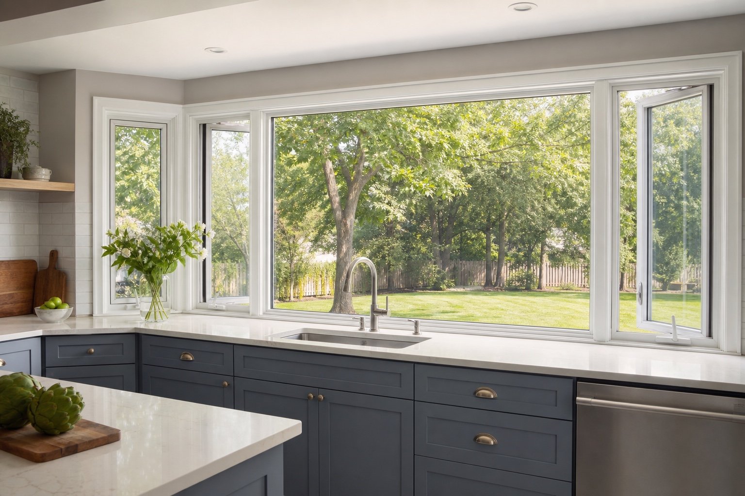 Bright Hamilton-area kitchen with a fixed centre window and outward-opening casement windows