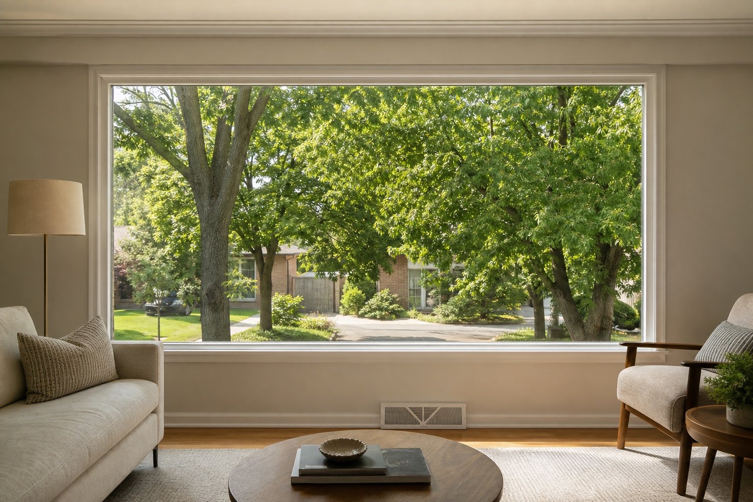 Large fixed picture window providing an uninterrupted view from a living room