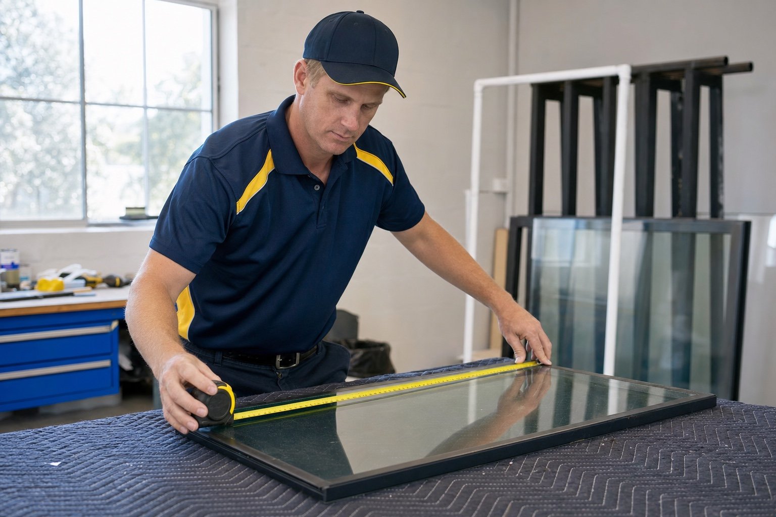 Windows Hamilton technician measuring a replacement sealed unit