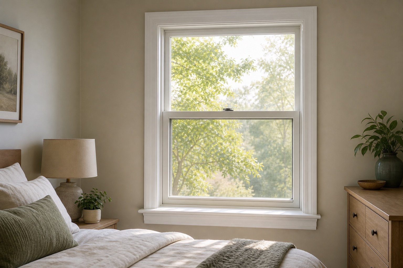 White single-hung window with a vertically moving lower sash in a bedroom