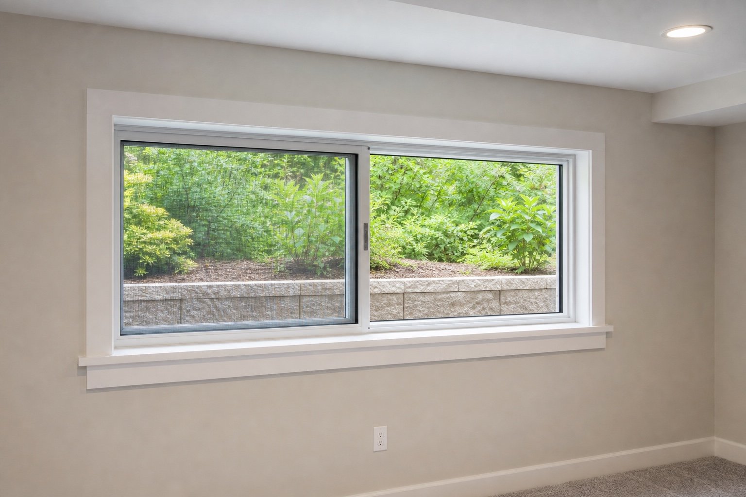 White single-slider window with horizontally moving sash in a finished lower-level room