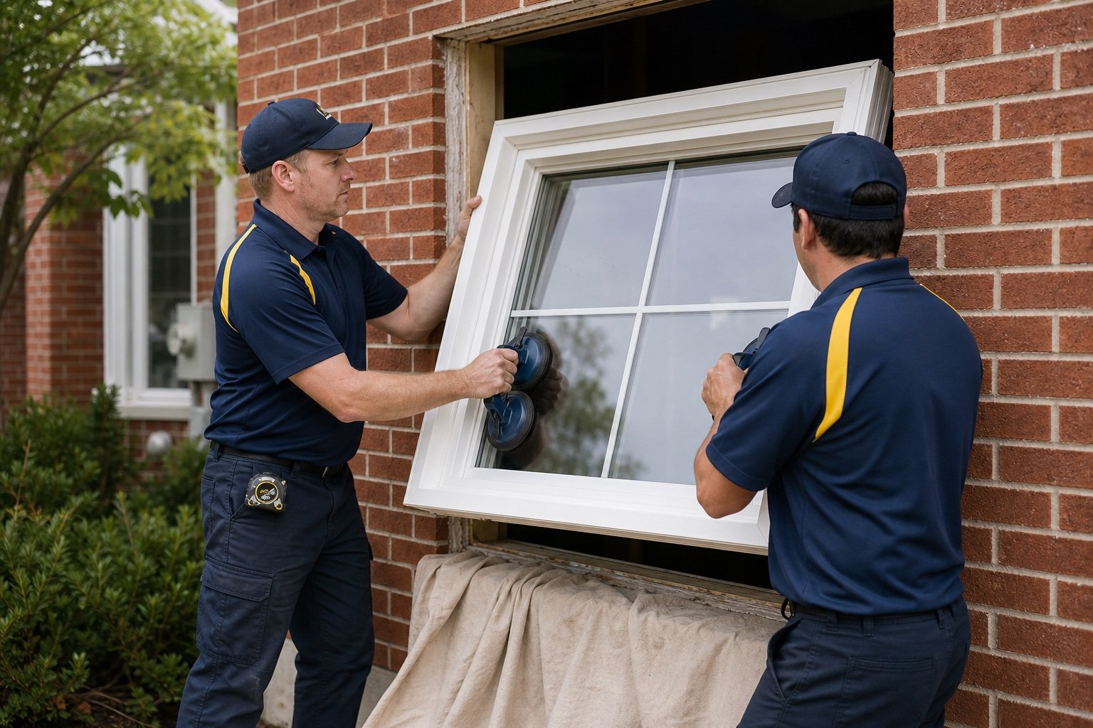 Two Windows Hamilton technicians setting a replacement window