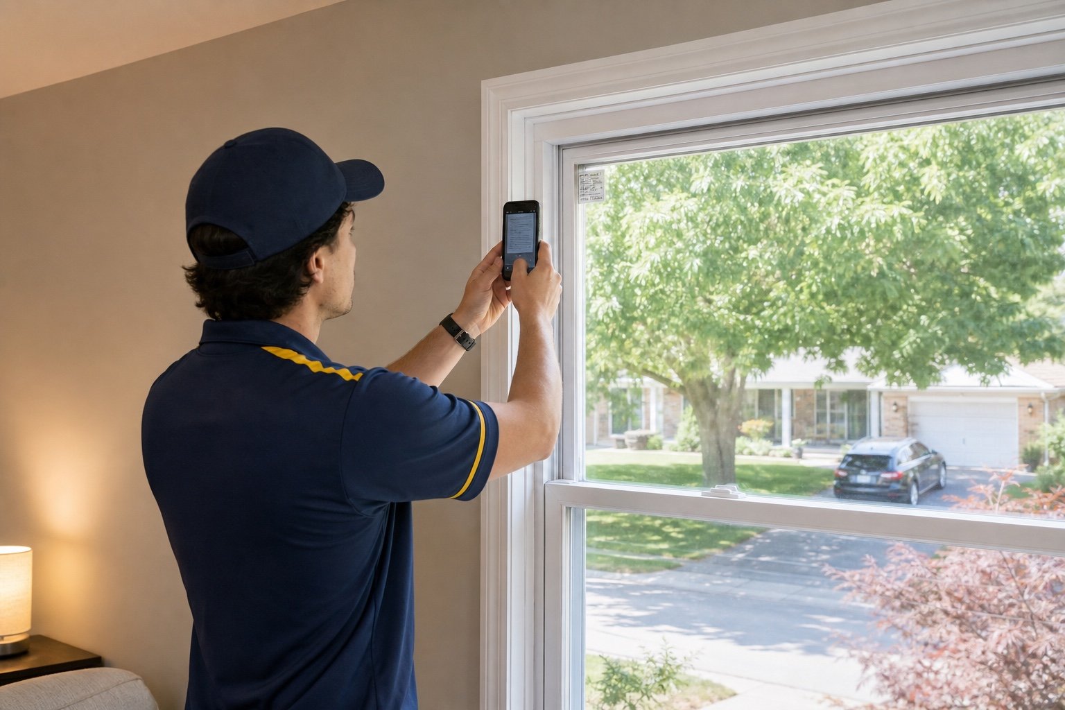 Technician assessing an installed residential window