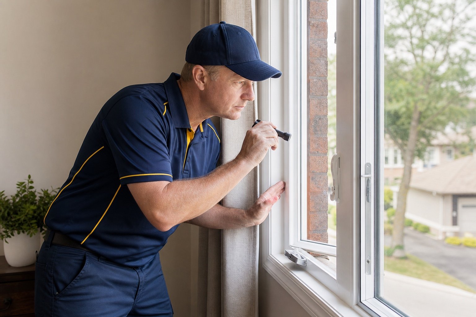 Windows Hamilton technician inspecting the frame and hardware of an open casement window